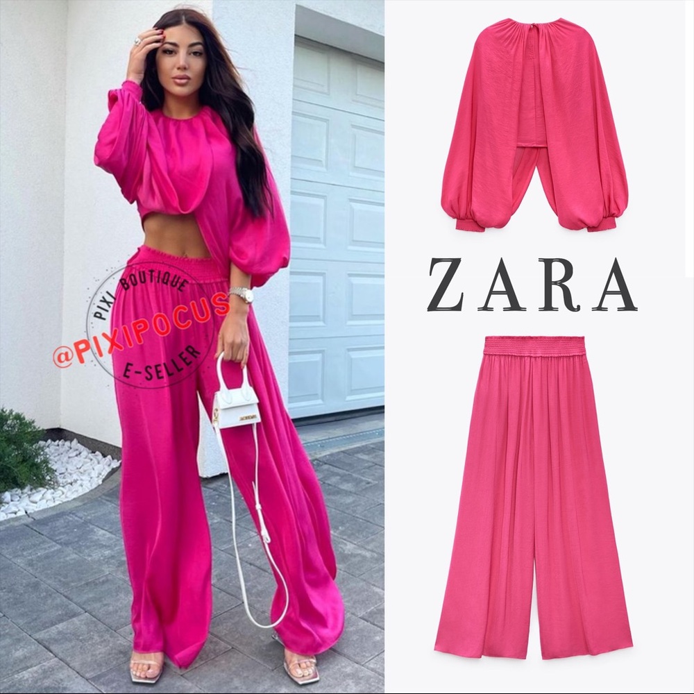 ZARA 2 Piece Satin Flowy Set Pants + Top Fuchsia